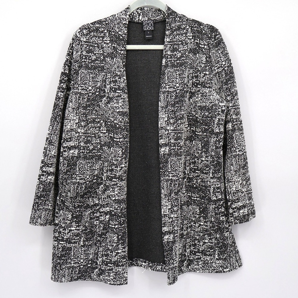 Clara Sun Woo Tweed Cardigan Womens L Black Open Front Classic Professional Twee